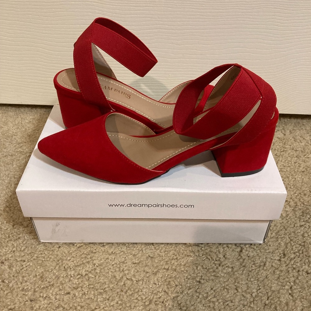 Faux suede red block heel with ankle strap